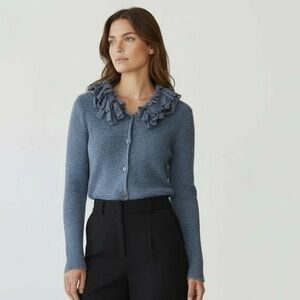 Philippe Adec Paris Blue Knit Ribbon Collar Cardigan Sweater XL Fits S/M